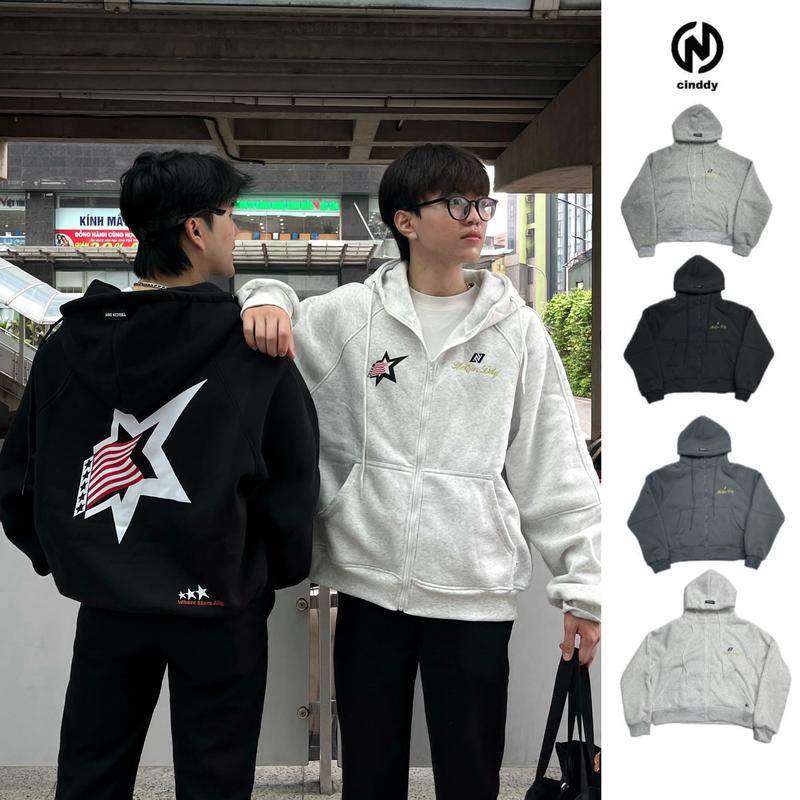 HOODIE BOXY - Áo Khoác Boxy Zip In Ngôi Sao TheCinDdy Thêu Logo Chữ Tag Cao Su Nam Nữ HBC006 áo khoác hoodie zip Top Voi hoodie chuthap ghost hoodie Menswear Nhung Menswear Nhung