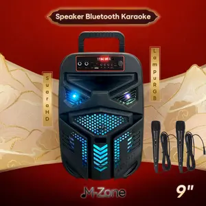 Speaker Bluetooth Karaoke 9 Inch Speaker Portable Super Bass Speaker Bluetooth Wireless LED RGB Multicolor Bonus 2 Microphones Support AUX Radio TF Card
