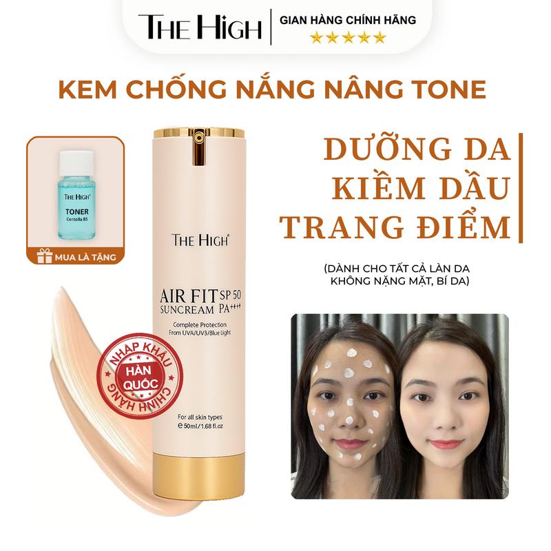 Kem Chống Nắng Trang Điểm Hỗ Trợ Dưỡng Trắng giữ tone 16h THE HIGH Hàn Quốc Spf 50 PA++++,dung tích 50ml kem chống nắng The High hỗ trợ kiềm dầu hạn chế bắt nắng airfit sun cream