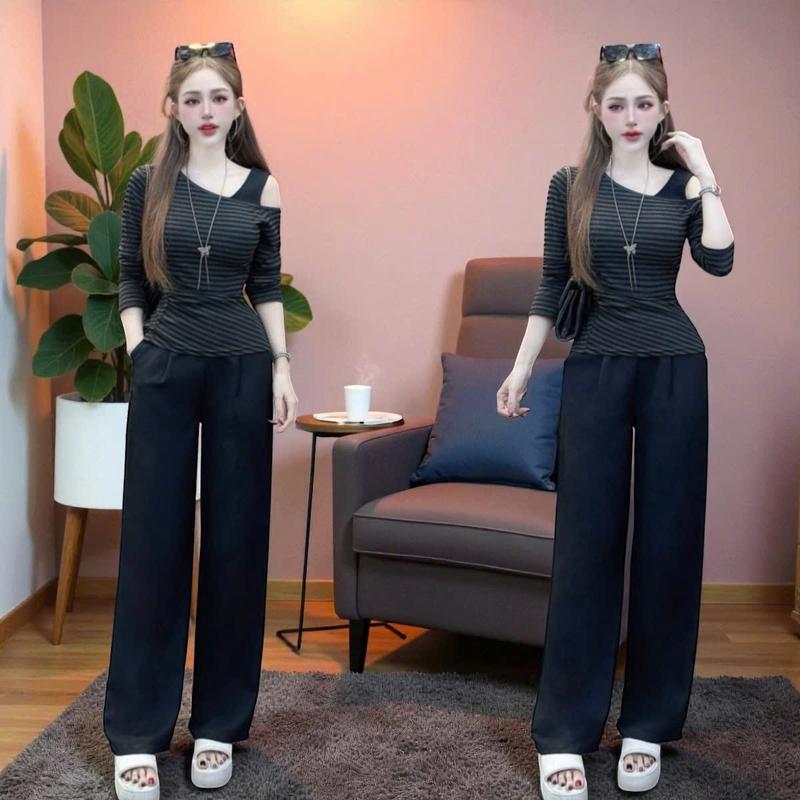    Quần dài 102cm   Set quần áo CRAZYTEEN S6574 gồm áo thun lệch vai và quần suông để đi chơi   Áo kiểu nữ  Quần nữ   Set đồ nữ đẹp 