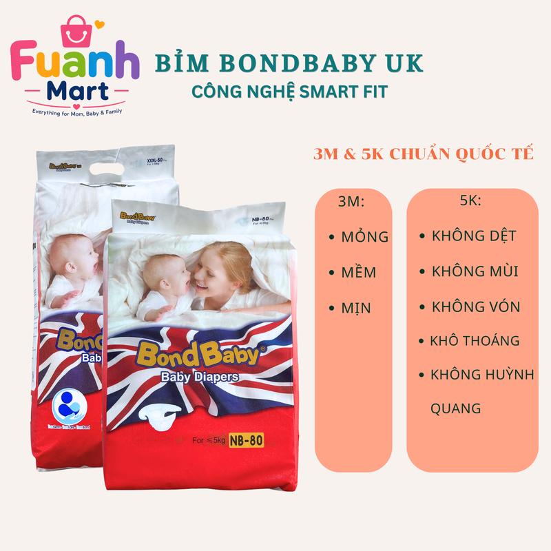 Tã bỉm Bondbaby UK công nghệ Smart Fit Mỏng-Mềm-Mịn, chống hăm, siêu thấm hút, đủ size từ NB đến XXXL quần