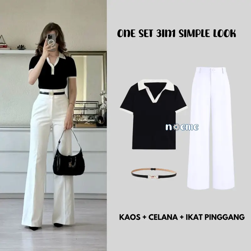 One Set 3in1 Simple Outfit Kaos Kerah Celana Kulot Knit Ikat Pinggang Korean Style Noeme 015 one  set 0