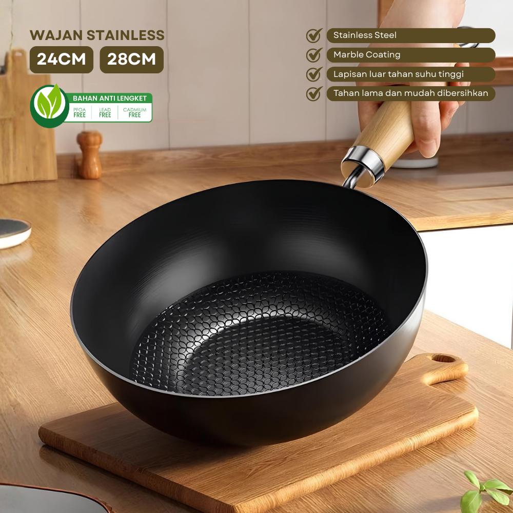 [CECE KETAR KETIR] PO 30 HARI Funnycook Wajan Stainless Honeycomb Wajan Penggorengan Serbaguna Stainless Steel Dengan Tutup Kaca dan Gagang Kayu Anti Panas Kitchenware