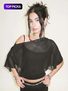 Top corto de malla transparente de color sólido para mujer y top tipo camisola; camisola casual de moda para uso diario al aire libre; ropa femenina para el verano