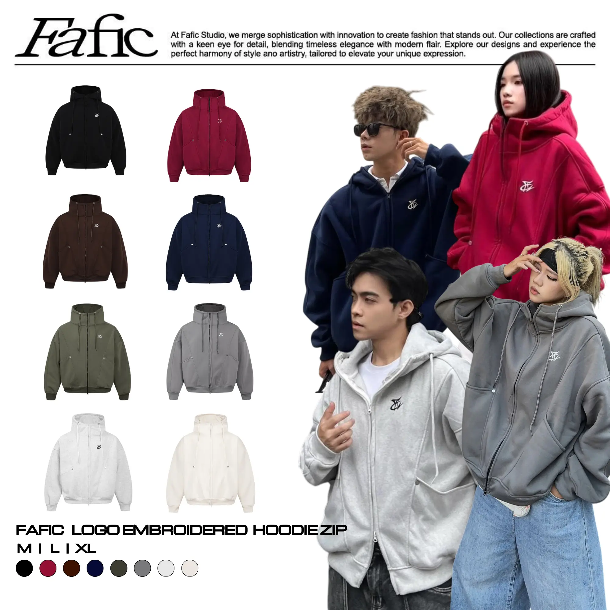 Áo Khoác Zip Cổ Cao Thêu Logo Fa Hoodie Zip Nỉ Bông Dáng Boxy Nam Nữ Unisex Có Túi Tay Dài Menswear - Dài Tay