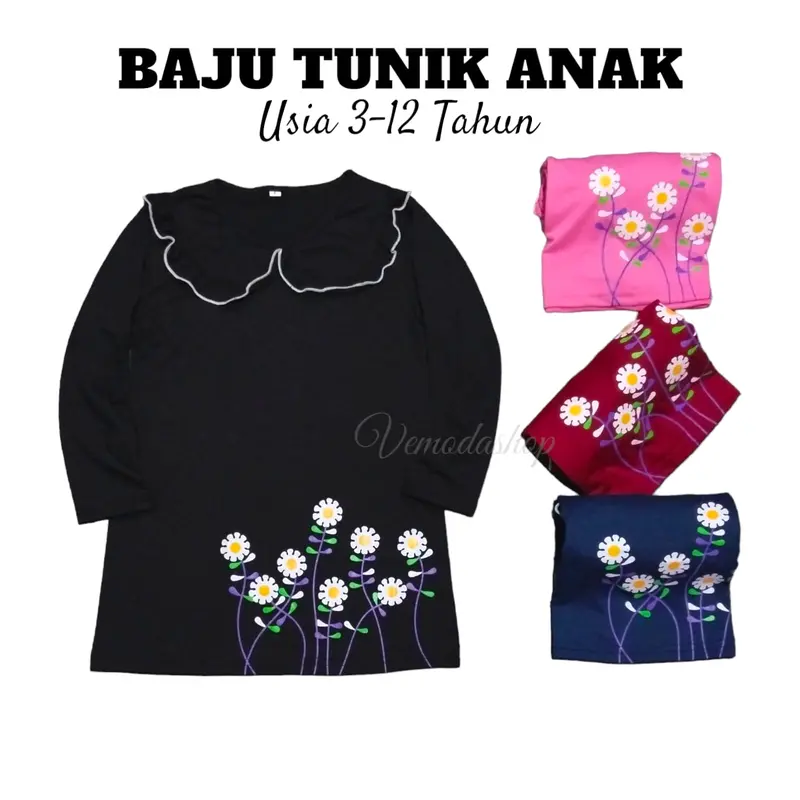 Vemodashop- Baju Tunik Anak Perempuan Usia 3-12 Tahun Motif BUNGA PUTIH Fashion 0