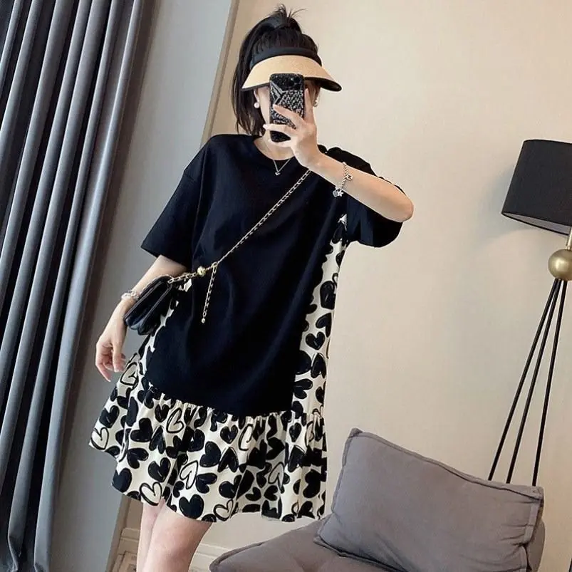 Plus Size 90KG Women's Loose Short Sleeve Dress Mid Length Dress Women Clothes
