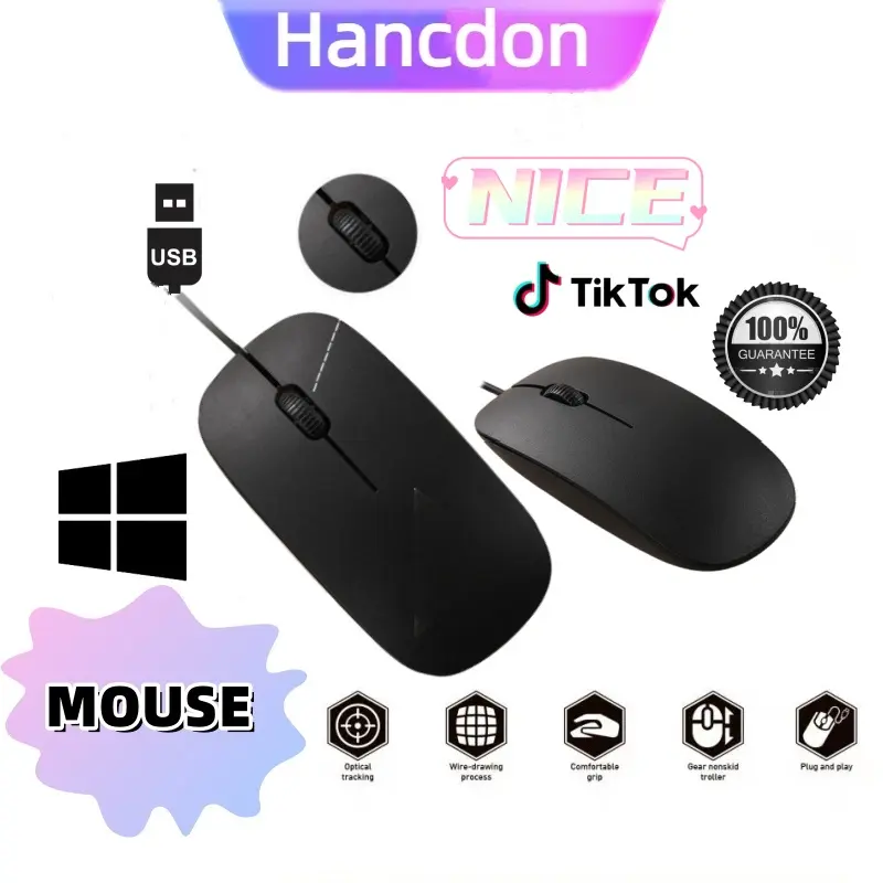 (ID STOCK)Hancdon Mouse Slim Wired Mouse kabel USB Original Gaming Magic Optical Laptop / PC Windows / Support Semua Window