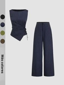 Conjunto para mujer con top tipo chaleco a rayas con lazada en la espalda y pantalón de pierna recta, traje elegante de ajuste entallado con chaleco exterior para todas las estaciones