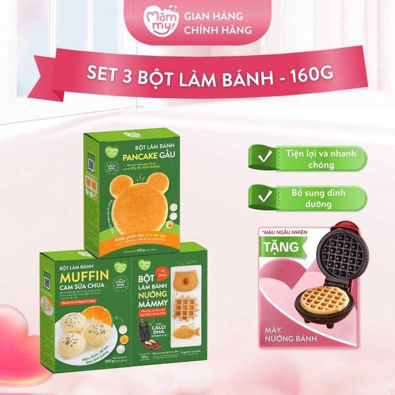 Combo 3 Hộp Bột Làm Bánh Nướng MĂMMY Hương Vani, Pancake Gấu Và Bột Làm Bánh Muffin Hấp Cam Sữa Chua Giàu Dinh Dưỡng Bổ Sung Vitamin Cho Bé Từ 6 Tháng [MNB]