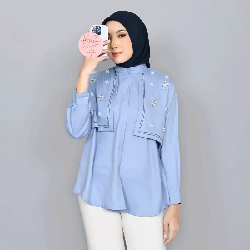 Brandstore - TRIANA Blouse New Layer Kemeja Shakila Botega Polos Shirt Kekinian Baju Panjang Wanita Atasan Katun Casual Cewek Dewasa viral vintage Oversize blouse 1
