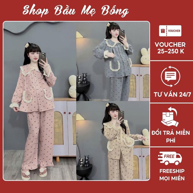 COMBO 2 Bộ Bầu Và Sau Sinh Chất Liệu Đũi Vân Mây Cổ Sen Phối Ren Áo Dài Quần Dài Họa Tiết Xinh Xắn Dành Cho Mẹ Bầu Dưới 70Kg