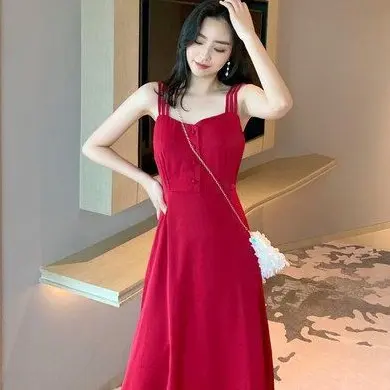 Summer sleeveless straps camisole vest red dress for women, new paragraph fashion Retract your waist casual mid length skirt