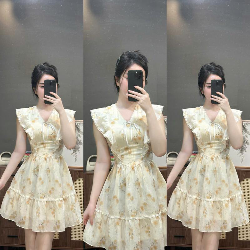 (B59) Đầm hoa thiết kế tiểu thư tay cánh tiên che bắp tay cổ phối ren form xoè tầng tôn dáng váy hela by Thương Lê B59