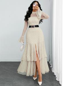 Vestido de mujer con estampado vintage francés romántico, falda larga elegante con paneles de malla, cintura entallada ajustada (sin cinturón incluido).