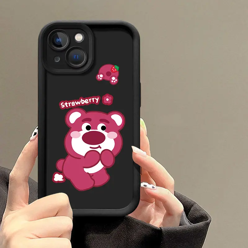 Vỏ silicon cho iPhone 15, 14Pro, 13, 12Promax, XR, XS , XsMax, 11Pro, 7plus, 8plus, 13pro, 15Pro, 14Pro, 14Pro, 14Plus, 7, phim hoạt hình màu hồng, gấu dâu tây dễ thương, bao gồm tất cả Slam 3