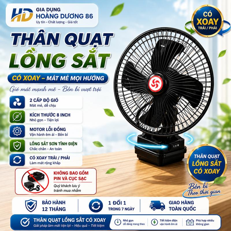 ( DEAl LIVE Thân Quạt Tích Điện Có  Xoay ) Thân Quạt Tích Điện Lồng Sắt  Có Xoay Chắc Chắn Bền Bỉ - 2 Chế Độ Gió , Full Lõi Đồng , Tương Thích Với Tất Cả Các Loại Pin hiện Nay 10 , 20, 30 Cell, Nhỏ Gọn Tiện Lợi, Bảo Hành 12 Tháng