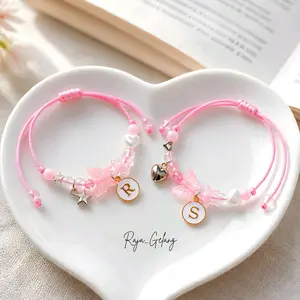 Gelang Couple Sahabat Tali Satin Pink Model Serut Bintang Love Bisa Pilih Inisial Huruf Bracelets