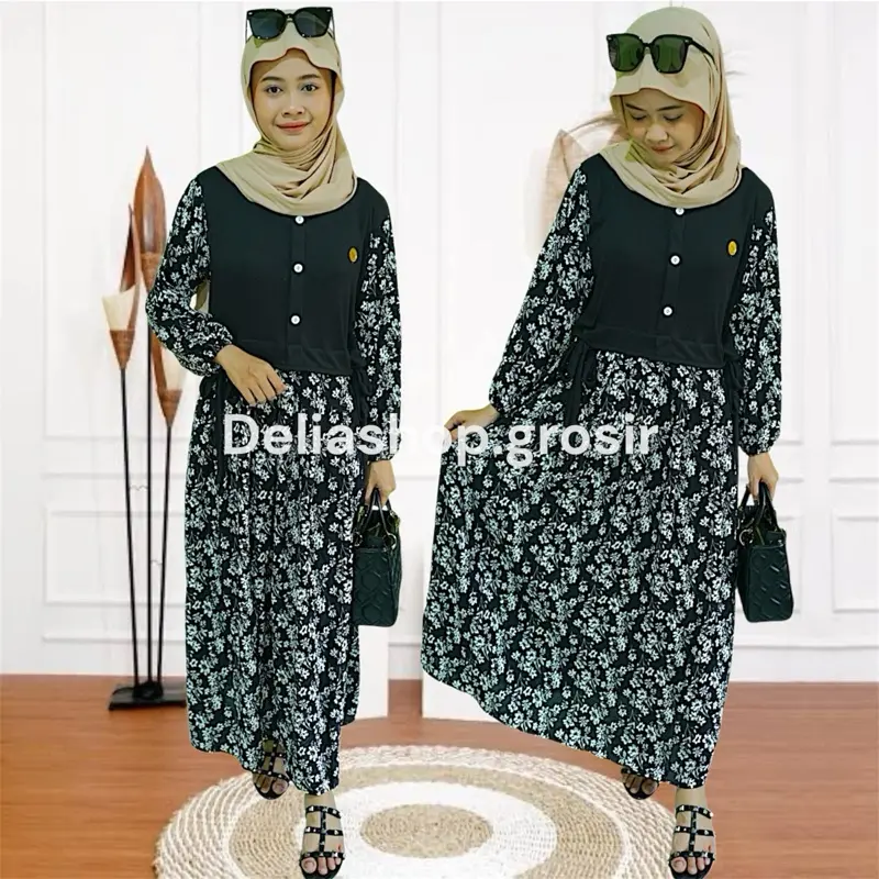 MIDI DRESS MOTIF BUNGA MELATI || BAHAN KNIT KOMBINASI CRINKLE AIRFLOW Muslim Wanita Mewah tunik Nyaman Variasi 0