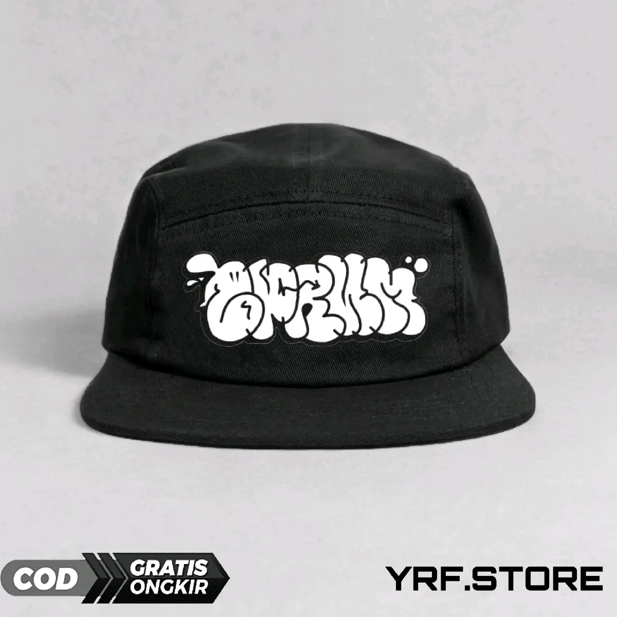 Topi skena,YRF.STORE Warna Hitam dengan Logo Sablon Unik GRAFFITI putih Simpel,topi skena,topi snapback,topi skena outfit original 5 panel