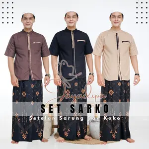 Setelan SARKO Bonus Peci Sarung Dan Koko Lengan Pendek Motif List Sarung Sarang Tawon Dan Balimun Ukuran M L XL XXL