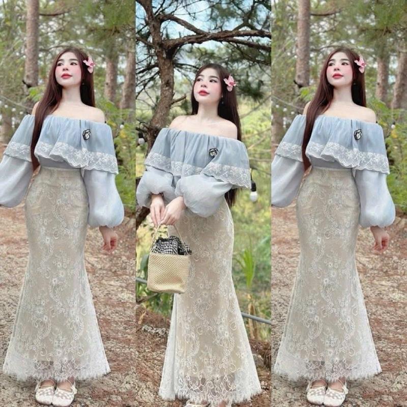 Set Chân Váy Ren Hoa 2 Lớp Kèm Áo Trễ Vai Tay Bồng Viền Ren Đính Hoa Nữ Tính Dịu Dàng Thanh Lịch Phong Cách Thời Trang Sang Trọng Dễ Thương .