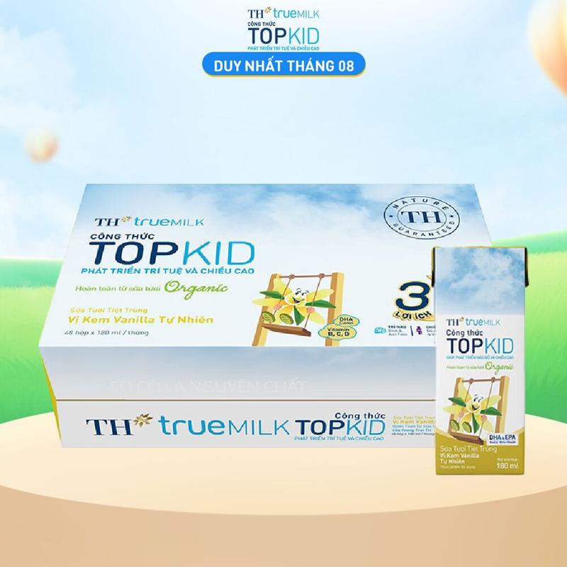 Thùng 48 hộp sữa tươi tiệt trùng TH true MILK TOPKID Organic vị kem vanilla tự nhiên 180 ml (180 ml x 48)