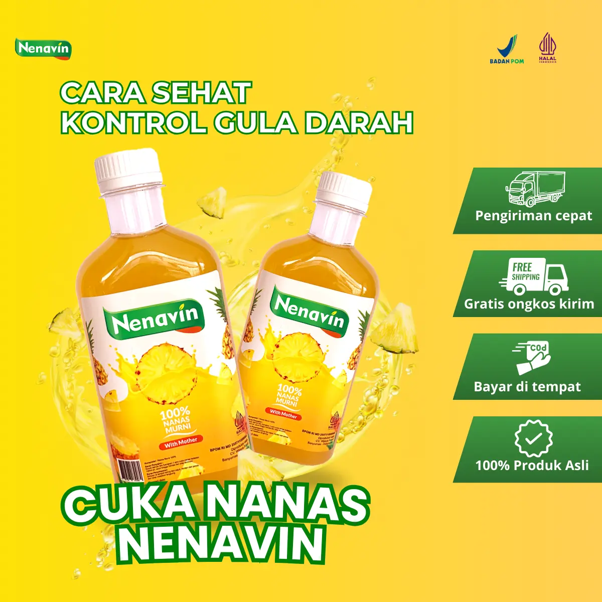 NENAVIN 2 Botol | Cuka Nanas | 280 ML | Original | Terdaftar BPOM & Halal | Minuman Bebas Gula Putih