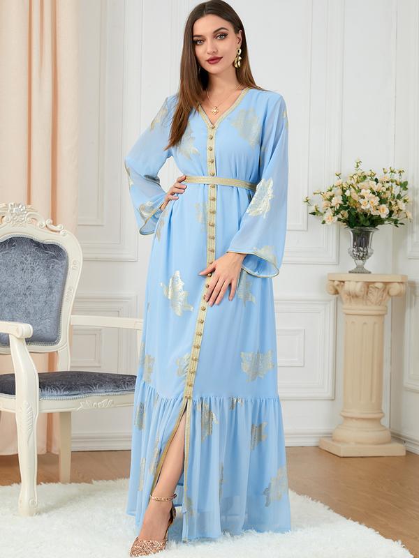 Baju Raya Middle East Dubai Muslim women's clothing with belt abaya fashion high-end hot stamping dress 6