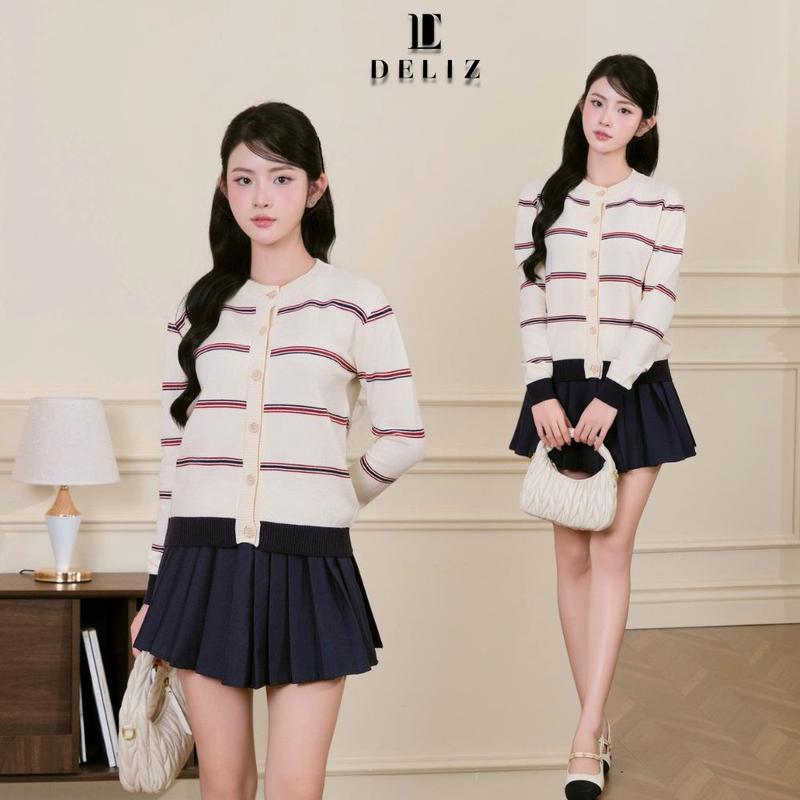 [MỞ BÁN] DELIZ - Áo khoác dài tay cardigan len lông thỏ mềm phối kẻ ngang cổ tròn CD844