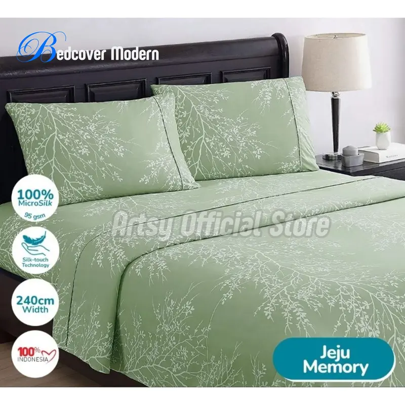 Bedcover Set Motif Jeju Memory Ukuran Lengkap 200x200-90x200 Bahan katun Halus Lembut Sarung Bantal Kain Karet 1