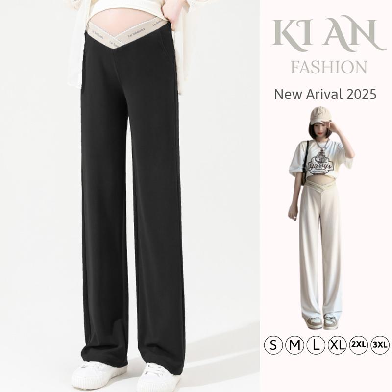  Quần Bầu Ki An cạp chéo ống suông siêu hack chân 🌼quần bầu công sở  🌸có chun chỉnh bụng🌸chất tăm gân thái mát mềm mịn Nữ Ong Women Pants Đen 