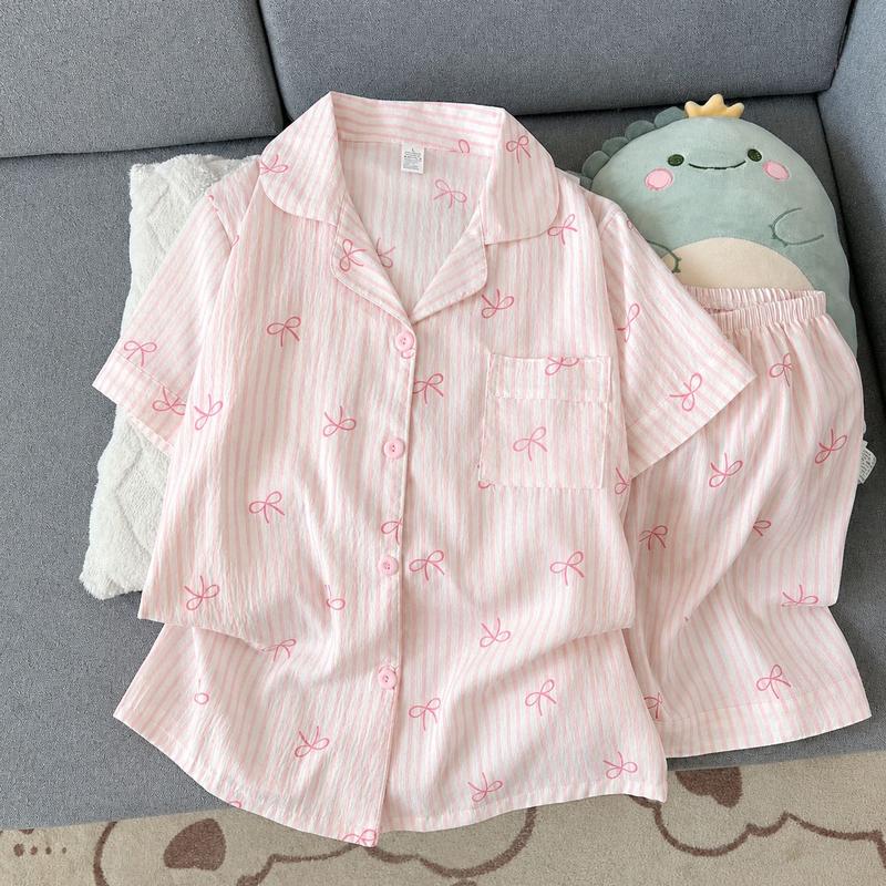 Đồ bộ pijama đùi nữ vải đũi xốp họa tiết hoạt hình dễ thương mặc nhà
