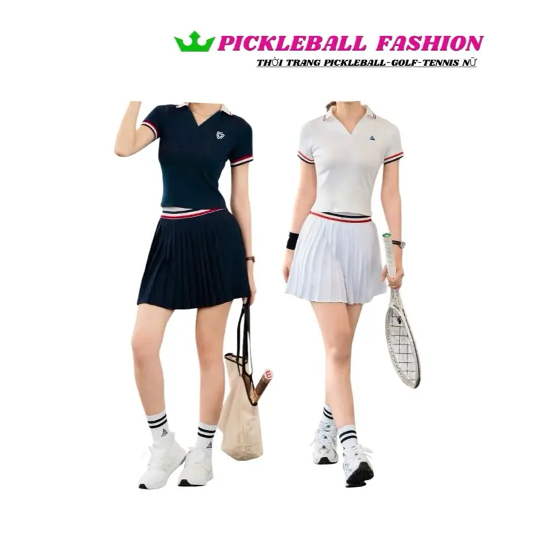 [PICKLEBALL] Bộ thể thao nữ với áo crop top cổ dệt kết hợp chân váy xoè xếp ly tôn dáng-chơi pickleball, golf, tennis..