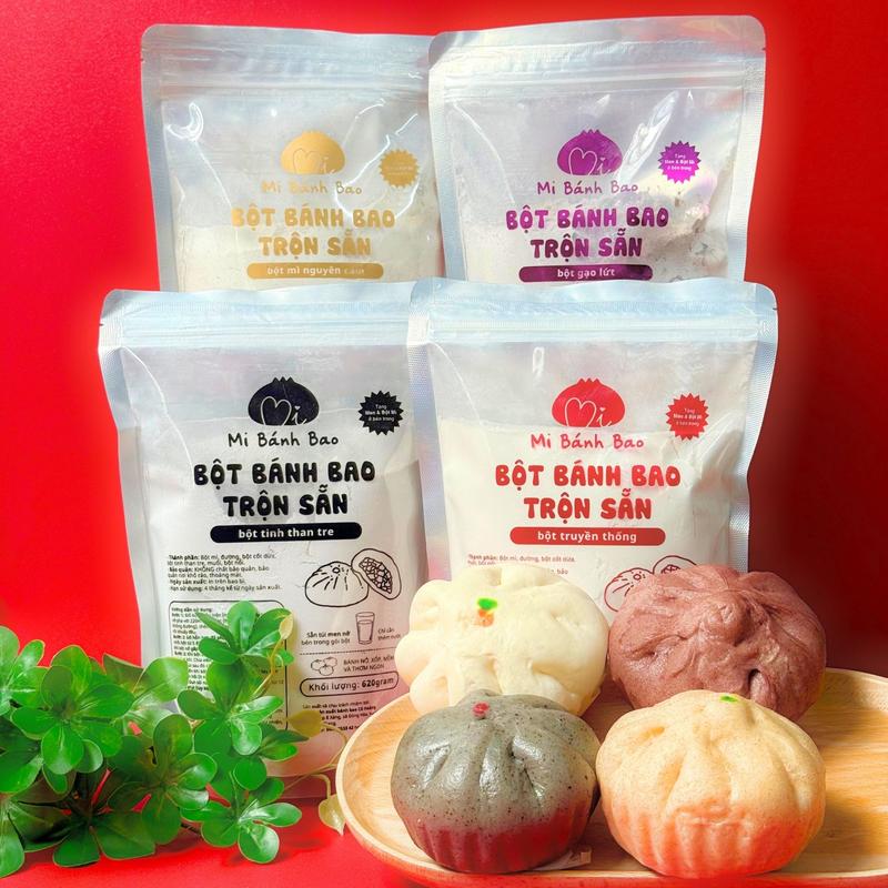 ĐỦ LOẠI Bột Bánh Bao pha sẵn Mi BánhBao Gạo lứt & Nguyên Cám 540g Truyền Thống và Tinh Than Tre 620g Tặng kèm Men nở bột thấm tay & giấy lót bánh