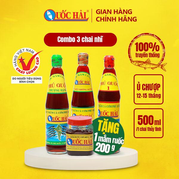 Nước mắm Phú Quốc Quốc Hải - 3 chai Nước mắm nhĩ Quốc Hải 500ml tặng 1 hủ mắm ruốc nhỏ