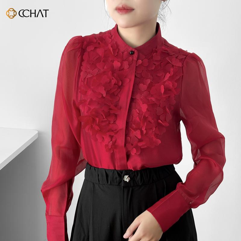 Áo Sơ Mi Nữ CCHAT Dáng Suông Đính Hoa Lazer Chất Voan 24FDV9005ST