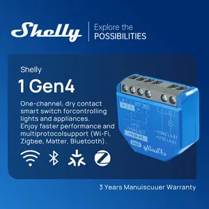 Shelly 1 Gen4 Wi-Fi Zigbee & Matter Smart Relay Switch with Dry Contacts 1-Channel 16A Alexa, SmartThings, Google Home, Apple HomeKit Compatible