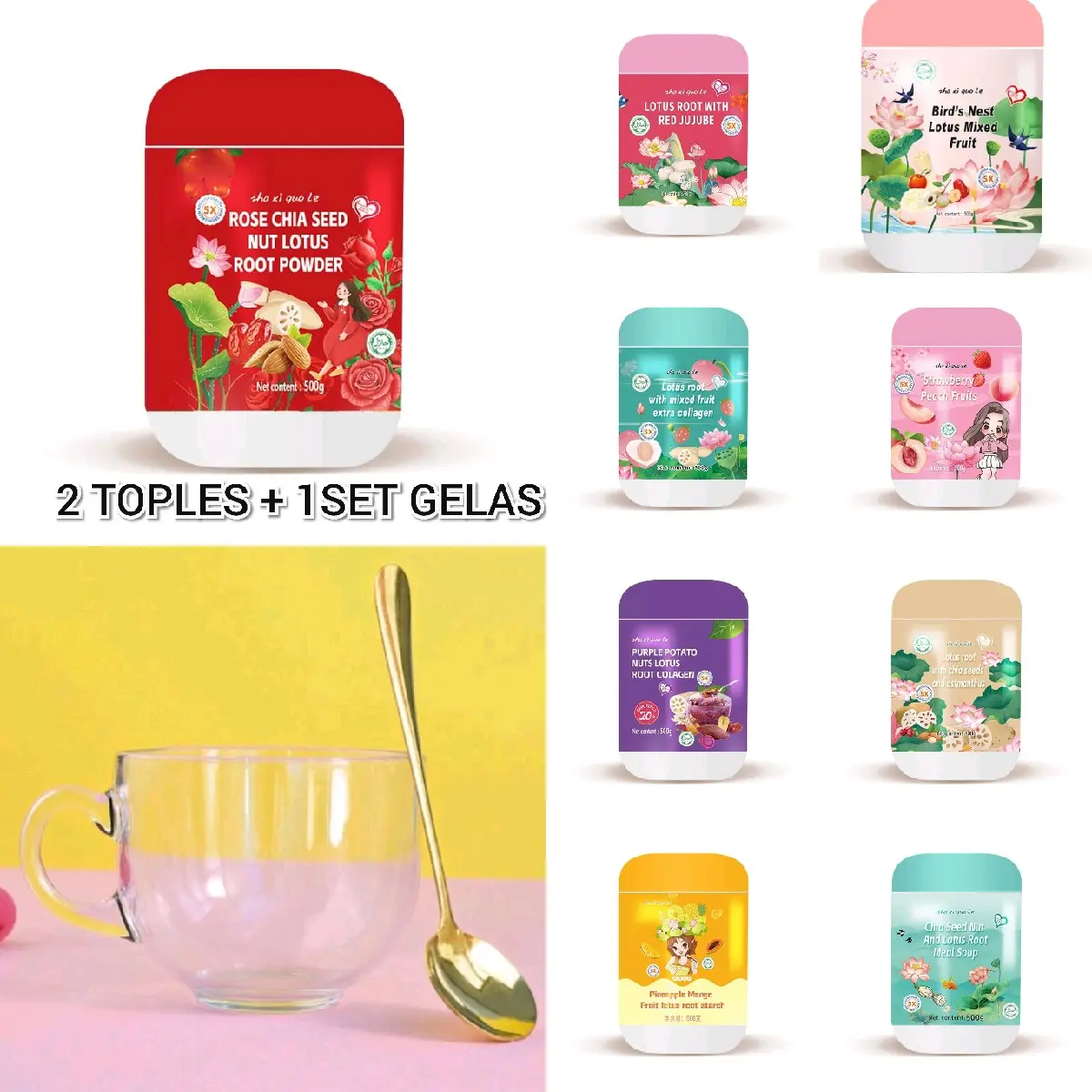 Bubuk teratai Paket 2Toples +1 SET GELAS