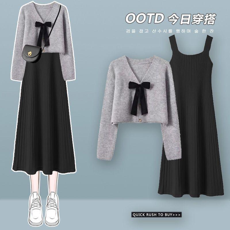 Product Introduction of Women's V-Neck Knitted Cardigan Sweater, Slim Joker Dress with Suspenders, Oversize, Autumn Suit, New, 2 Pcs, 2023 4