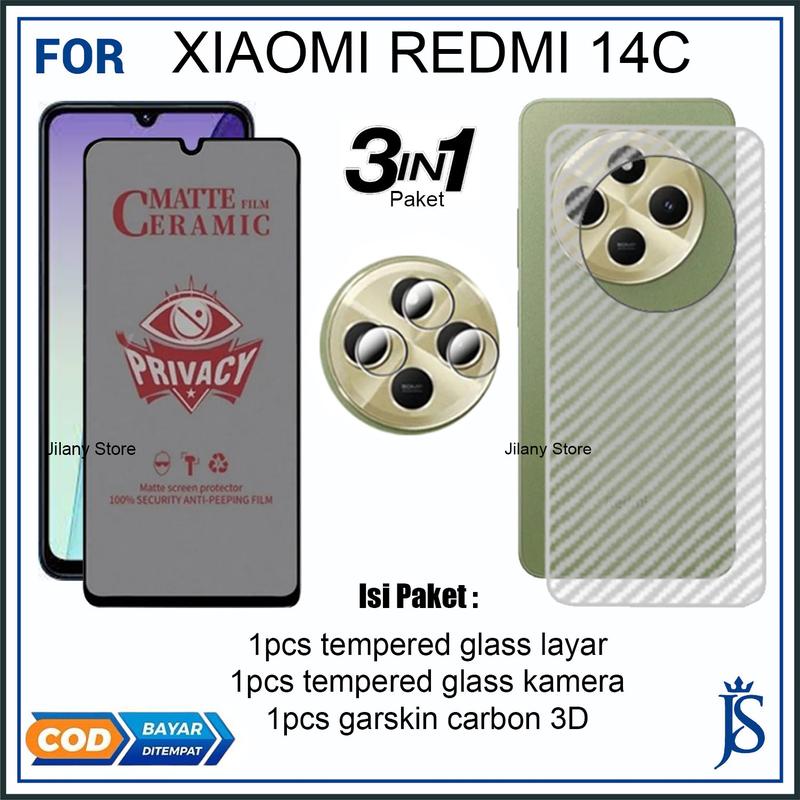 Paket Perlindungan Ponsel Redmi 14C 13C Full Cover 3IN 1 Tempered Glass Ceramic Privacy Spy dengan Garskin Belakang - Penutup, Smartphone 1