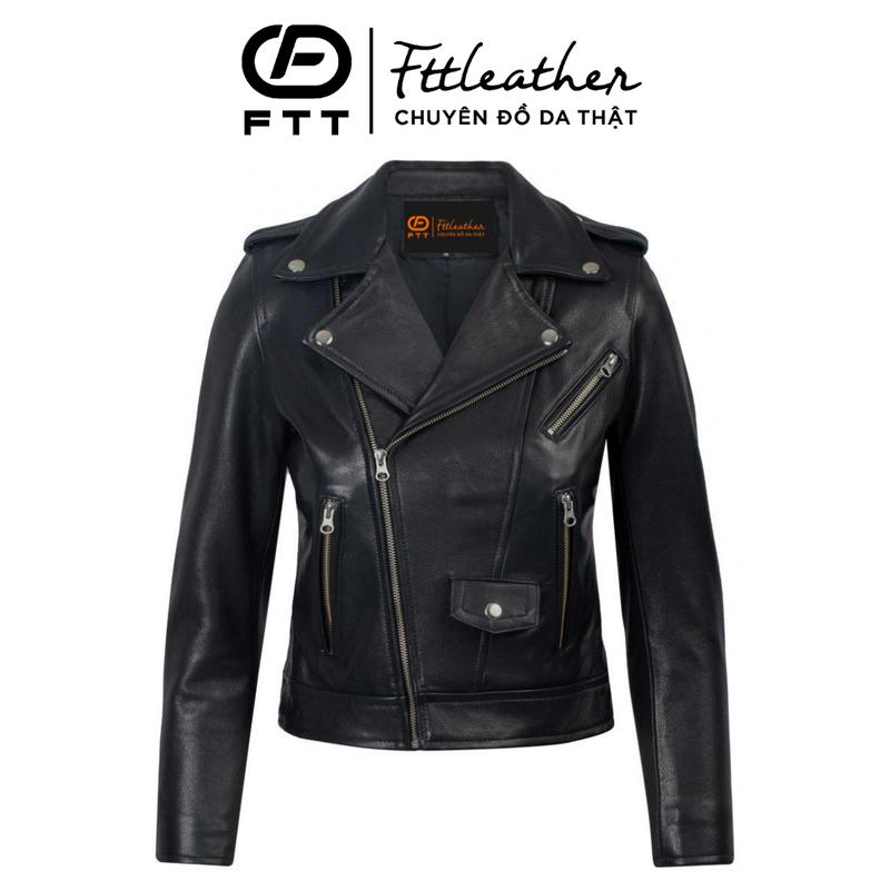 Áo Khoác Da Thật Nữ FTTLeather Biker Jacket Da Cừu Cúc Khoá Trắng Croptop Ôm Body Sang Chảnh Top Áo Khoác Women Có Cổ Có Túi AN302