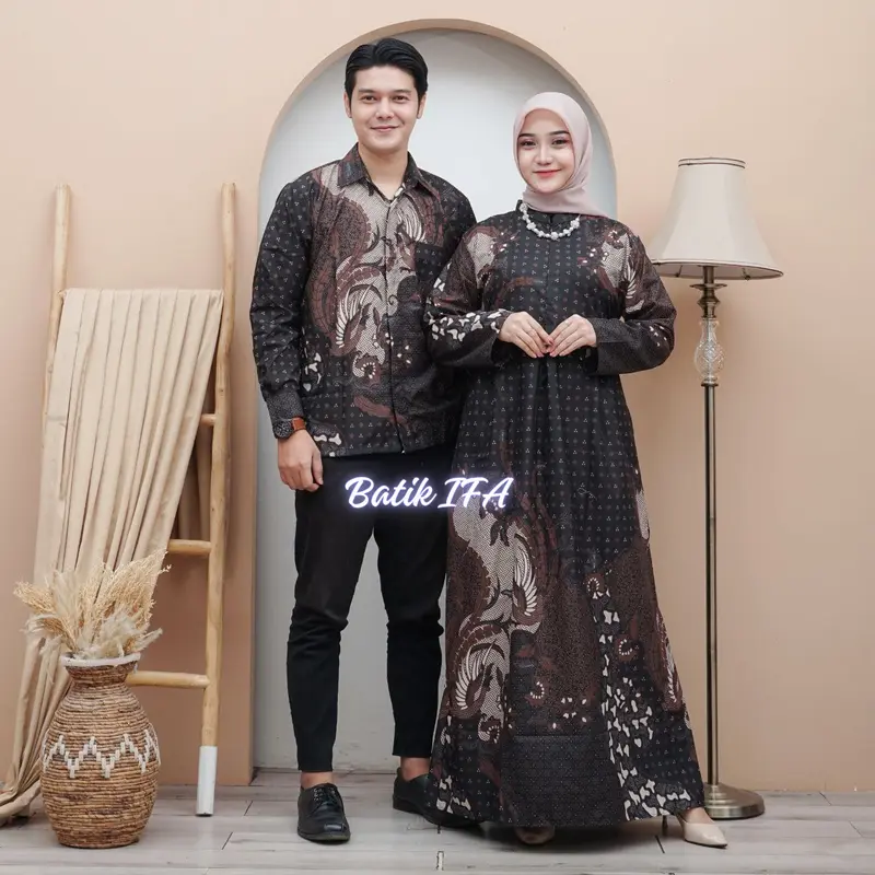 Baju Batik Couple Modern - Sarimbit Batik Kondangan Kekinian - Couple Gamis Batik dan Kemeja Polyester 6