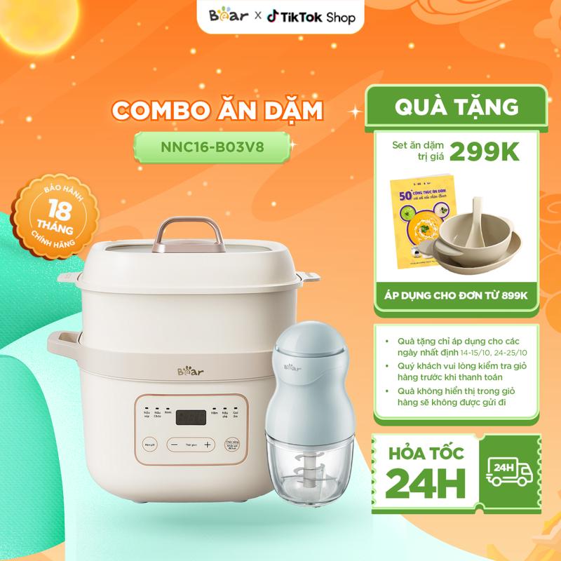[Tặng Cẩm nang ăn dặm] Combo Ăn Dặm Nồi Nấu Cháo Chậm BEAR Nồi Nấu Chậm Nồi Nấu Chậm Cho Bé 1,6L NNC16 và Máy Xay Ăn Dặm Cho Bé Máy 0,3L B03V8 8 Lưỡi Mini Cầm Tay Xay Cháo Nhuyễn Cho Bé