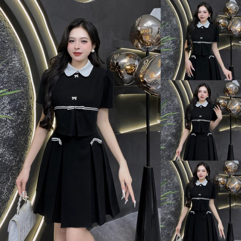 EV46 - Váy Thiết Kế Evii dành cho nữ, Đầm thiết kế liền thân cổ sen, phối viền nơ liền (tặng kèm 2 tag cài) dáng A ngắn xếp ly phù hợp đi làm, đi chơi và đi dự tiệc Có Bigsize Women Dress