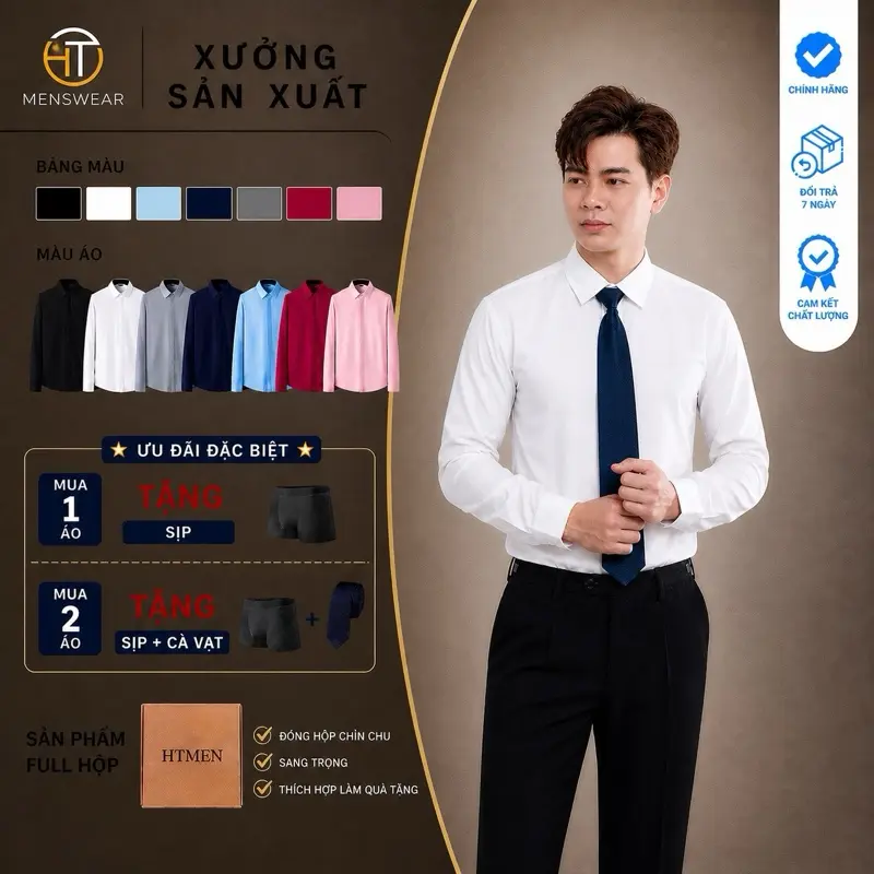 HTmen Áo Sơ Mi Lụa Dài Tay Nam Full Hộp Trắng/Đen/+6 Màu Chất Liệu Mềm Mại Thoáng Khí Chống Nhăn Tặng Sịp Đùi Nam