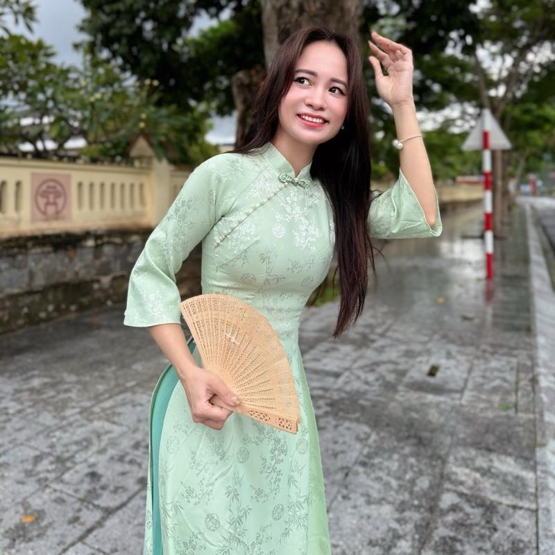    KHÔNG KÈM QUẦN   Áo dài Gấm Trúc Đào Xanh Nút Tàu Hoa Đá 