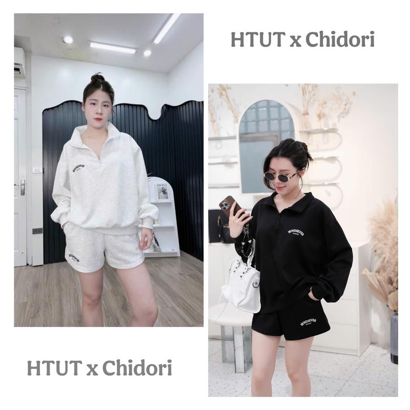    HTUT x Chidori   Set Bộ Nỉ Cổ Trụ Nữ CHIDORI Gồm Áo Sweater Và Quần Short From Rộng Logo In Chất Liệu Nỉ Ép Hàn Cao Cấp Phong Cách Thời Trang Hiện Đại 