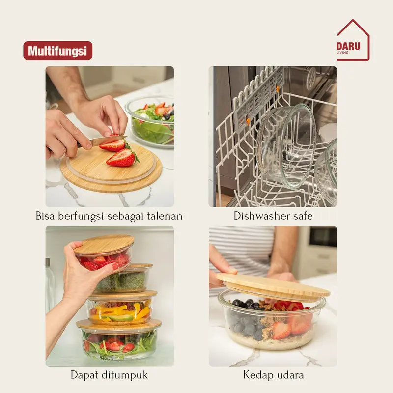 【DARU】TAMA - Food Container Bamboo Lid Cover / Lunchbox tutup kayu / Kotak Makan Kaca 3