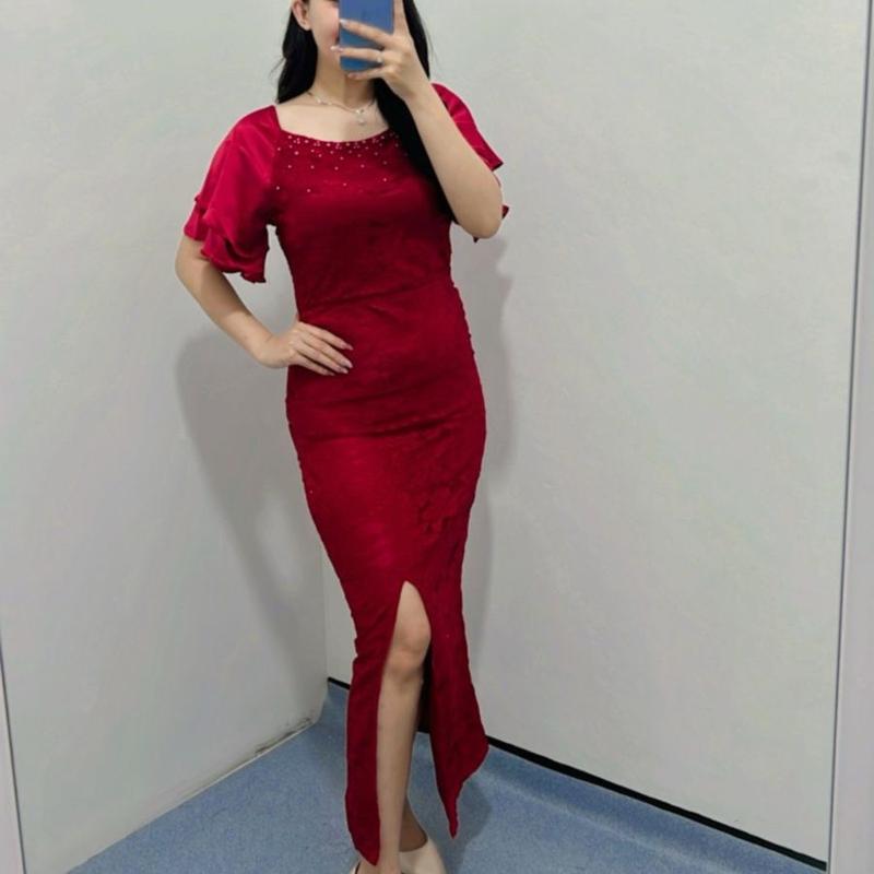 Dress Brukat Amanda / Dress brukat / Dress wanita / Dress kondangan Cantik Casual Panjang Velvet Formal Sabrina Nyaman Pesta Mewah Gaun 5
